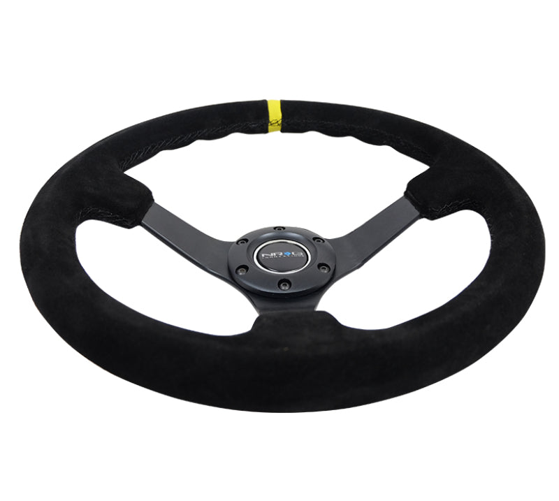 NRG Reinforced Steering Wheel (350mm / 3in. Deep) Blk Suede/X-Stitch w/5mm Blk Spoke & Yellow CM - Racecraft Industries