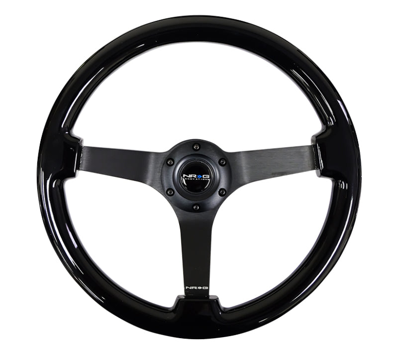 NRG Reinforced Steering Wheel (350mm / 3in. Deep) Black w/Black Chrome Solid 3-Spoke Center - Racecraft Industries