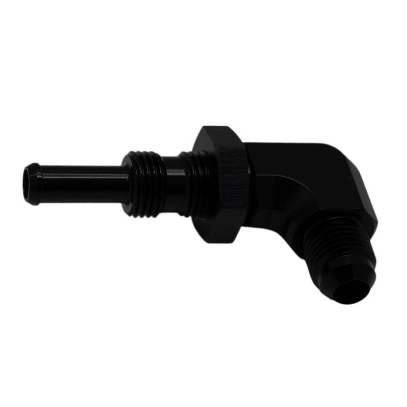 DeatschWerks 6AN Male Flare to 5/16in Male Barb Bulkhead Adapter 90-Degree - Anodized Matte Black - Racecraft Industries