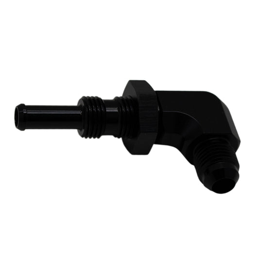 DeatschWerks 6AN Male Flare to 5/16in Male Barb Bulkhead Adapter 90-Degree - Anodized Matte Black - Racecraft Industries