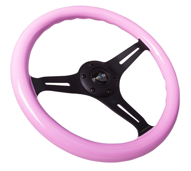 NRG Classic Wood Grain Steering Wheel (350mm) Solid Pink Painted Grip w/Black 3-Spoke Center - Racecraft Industries