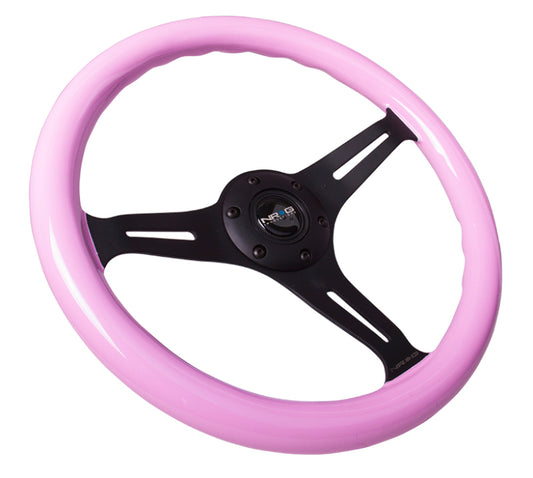 NRG Classic Wood Grain Steering Wheel (350mm) Solid Pink Painted Grip w/Black 3-Spoke Center - Racecraft Industries