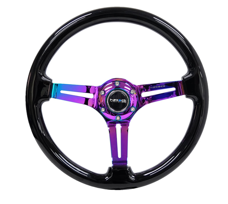 NRG Reinforced Steering Wheel (350mm / 3in. Deep) Blk Wood w/Blk Matte Spoke/Neochrome Center Mark - Racecraft Industries