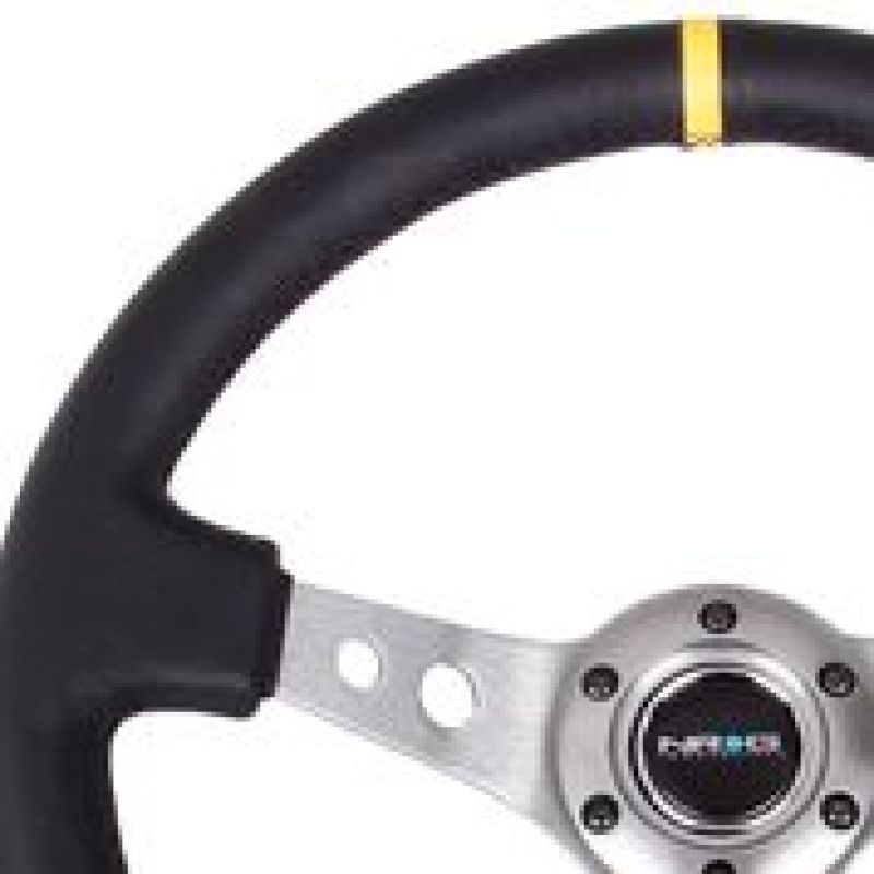 NRG Reinforced Steering Wheel (350mm / 3in. Deep) Blk Leather w/Gunmetal Cutout Spoke & Yellow CM - Racecraft Industries