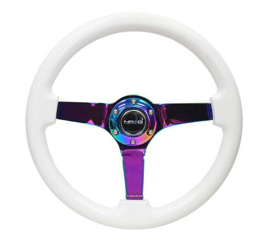 NRG Reinforced Steering Wheel (350mm / 3in. Deep) Classic White w/4mm Neochrome Solid 3-Spoke - Racecraft Industries