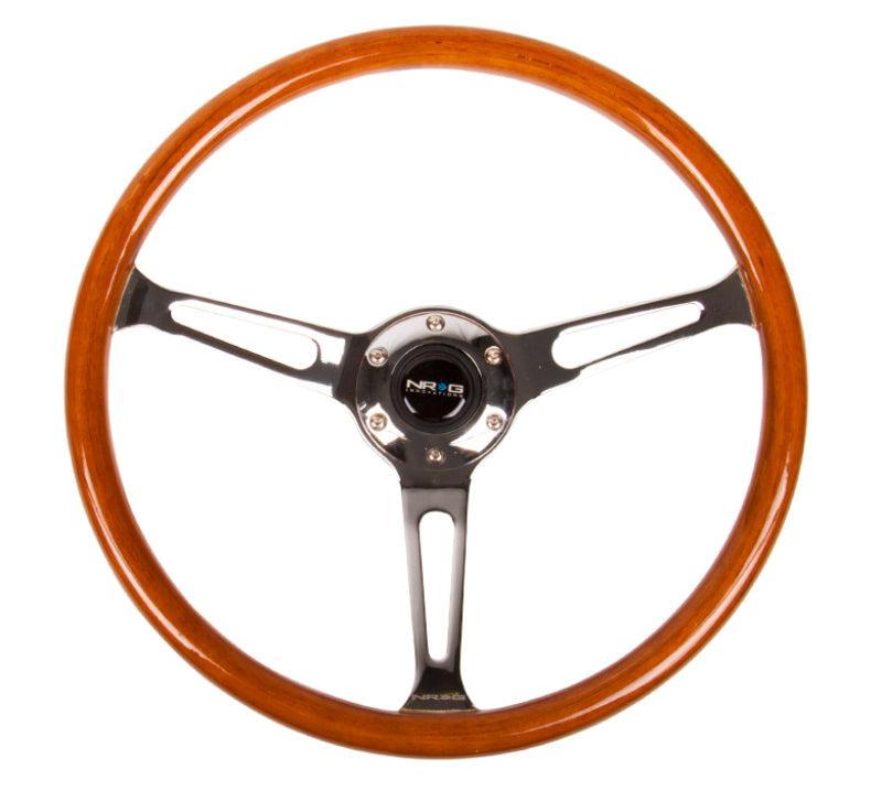 NRG Reinforced Steering Wheel (360mm) Classic Wood Grain w/Chrome Cutout 3-Spoke Center - Racecraft Industries