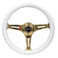 NRG Classic Wood Grain Steering Wheel (350mm) White Grip w/Chrome Gold 3-Spoke Center - Racecraft Industries