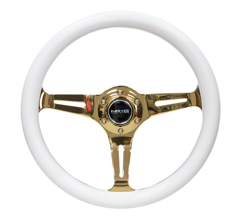 NRG Classic Wood Grain Steering Wheel (350mm) White Grip w/Chrome Gold 3-Spoke Center - Racecraft Industries