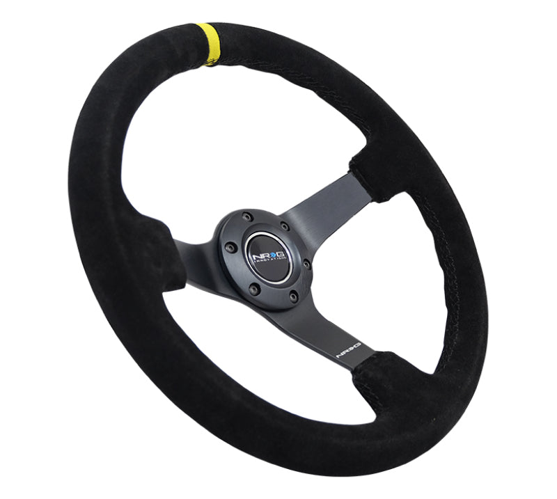 NRG Reinforced Steering Wheel (350mm / 3in. Deep) Blk Suede/X-Stitch w/5mm Blk Spoke & Yellow CM - Racecraft Industries