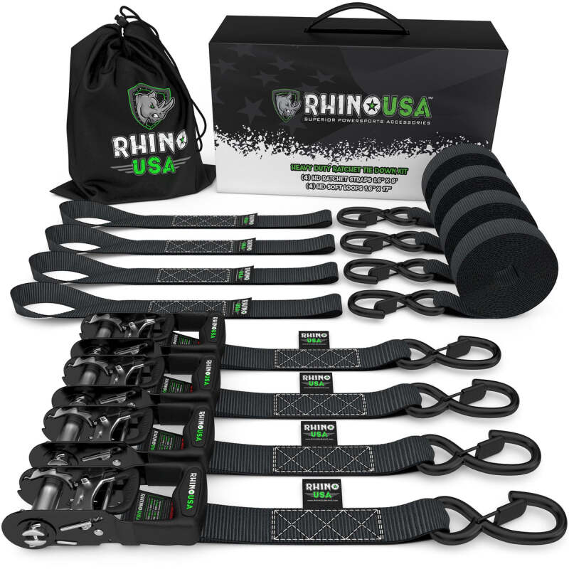 Rhino USA Heavy Duty Ratchet Tie-Down 4-Pack (Black) 1.6In X 8Ft - Racecraft Industries