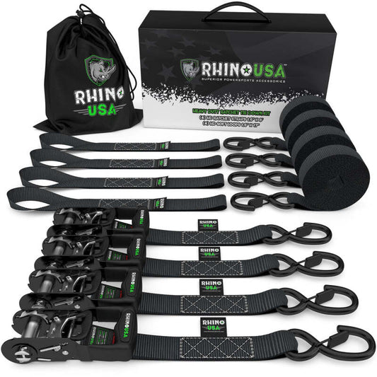 Rhino USA Heavy Duty Ratchet Tie-Down 4-Pack (Black) 1.6In X 8Ft - Racecraft Industries