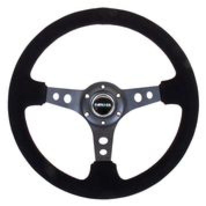 NRG Reinforced Steering Wheel (350mm / 3in. Deep) Blk Suede/Blk Stitch w/Black Circle Cutout Spokes - Racecraft Industries