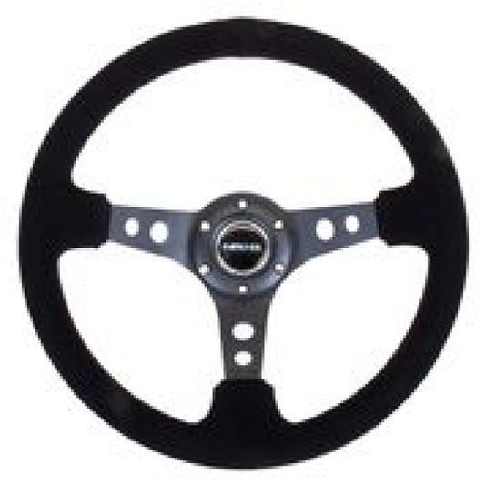 NRG Reinforced Steering Wheel (350mm / 3in. Deep) Blk Suede/Blk Stitch w/Black Circle Cutout Spokes - Racecraft Industries