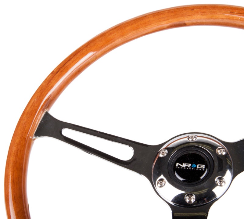 NRG Reinforced Steering Wheel (360mm) Classic Wood Grain w/Chrome Cutout 3-Spoke Center - Racecraft Industries