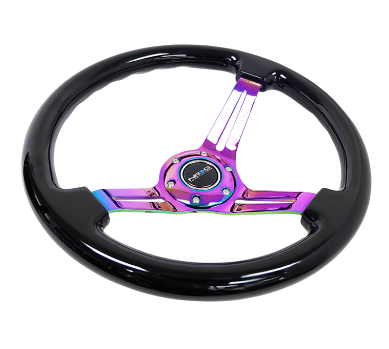 NRG Reinforced Steering Wheel (350mm / 3in. Deep) Blk Wood w/Blk Matte Spoke/Neochrome Center Mark - Racecraft Industries