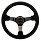 NRG Reinforced Steering Wheel (350mm / 3in. Deep) Blk Suede w/Red BBall Stitch & Black 3-Spoke - Racecraft Industries