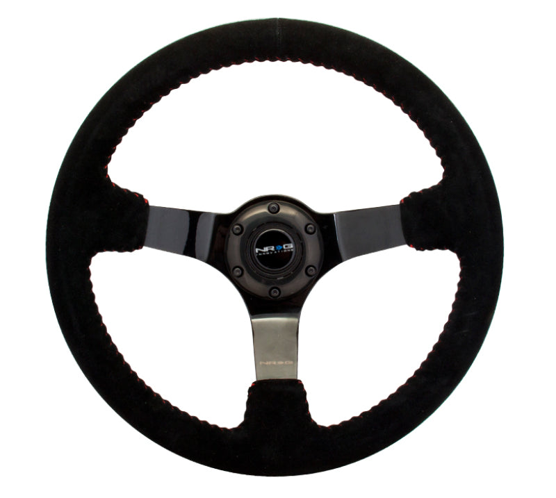 NRG Reinforced Steering Wheel (350mm / 3in. Deep) Blk Suede w/Red BBall Stitch & Black 3-Spoke - Racecraft Industries