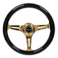 NRG Classic Wood Grain Steering Wheel (350mm) Black Grip w/Chrome Gold 3-Spoke Center - Racecraft Industries