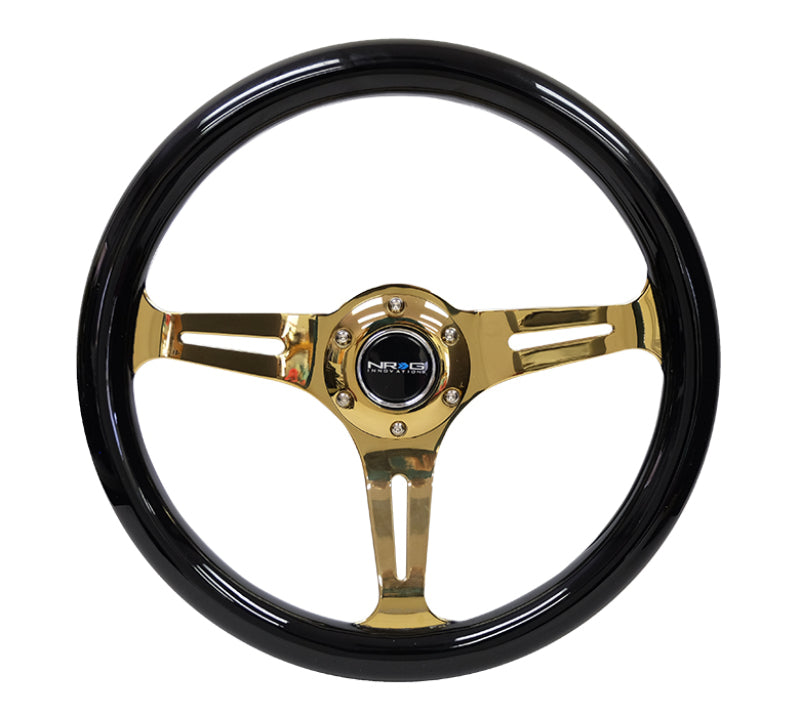 NRG Classic Wood Grain Steering Wheel (350mm) Black Grip w/Chrome Gold 3-Spoke Center - Racecraft Industries