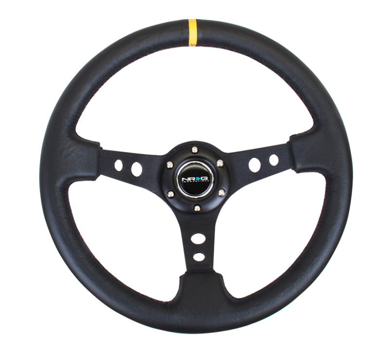 NRG Reinforced Steering Wheel (350mm / 3in. Deep) Blk Leather w/Blk Cutout Spoke/Yellow Center Mark - Racecraft Industries