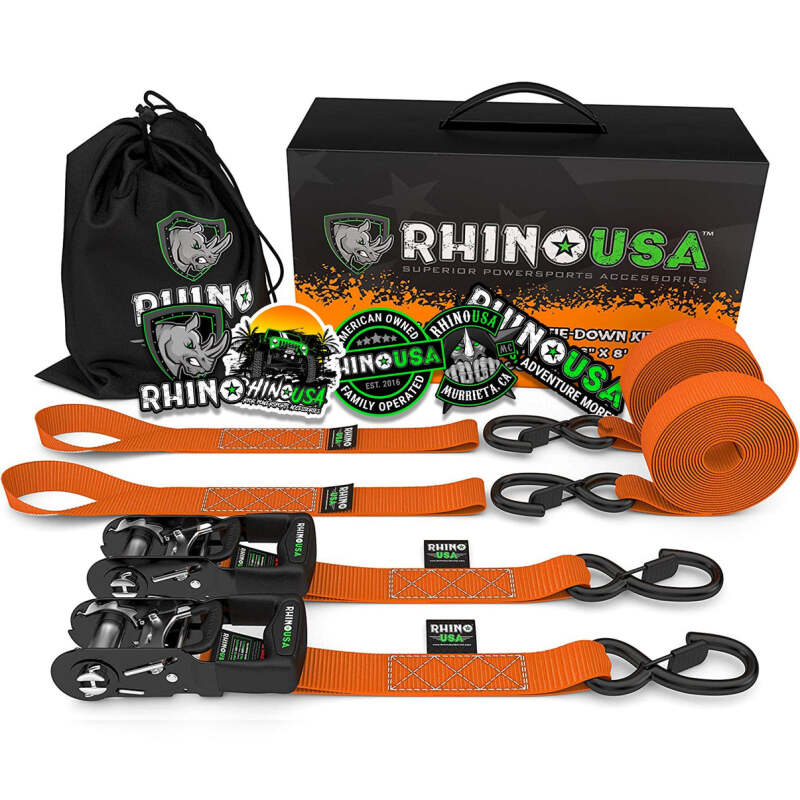 Rhino USA Heavy Duty Ratchet Tie-Downs 2-Pack (Orange) 1.6In X 8Ft - Racecraft Industries