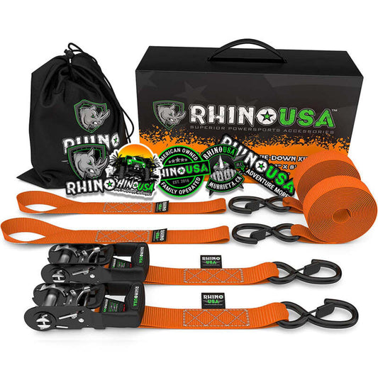 Rhino USA Heavy Duty Ratchet Tie-Downs 2-Pack (Orange) 1.6In X 8Ft - Racecraft Industries
