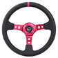 NRG Reinforced Steering Wheel (350mm/3in. Deep) Black Leather/ Fushia Center Mark/ Fushia Stitching - Racecraft Industries