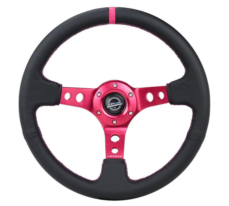 NRG Reinforced Steering Wheel (350mm/3in. Deep) Black Leather/ Fushia Center Mark/ Fushia Stitching - Racecraft Industries
