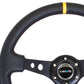 NRG Reinforced Steering Wheel (350mm / 3in. Deep) Blk Leather w/Blk Cutout Spoke/Yellow Center Mark - Racecraft Industries