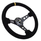 NRG Reinforced Steering Wheel (350mm / 3in. Deep) Blk Suede w/Circle Cut Spokes & Single Yellow CM - Racecraft Industries