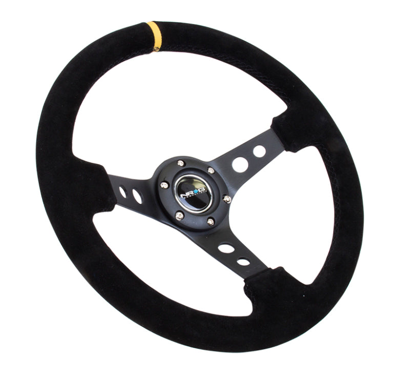 NRG Reinforced Steering Wheel (350mm / 3in. Deep) Blk Suede w/Circle Cut Spokes & Single Yellow CM - Racecraft Industries