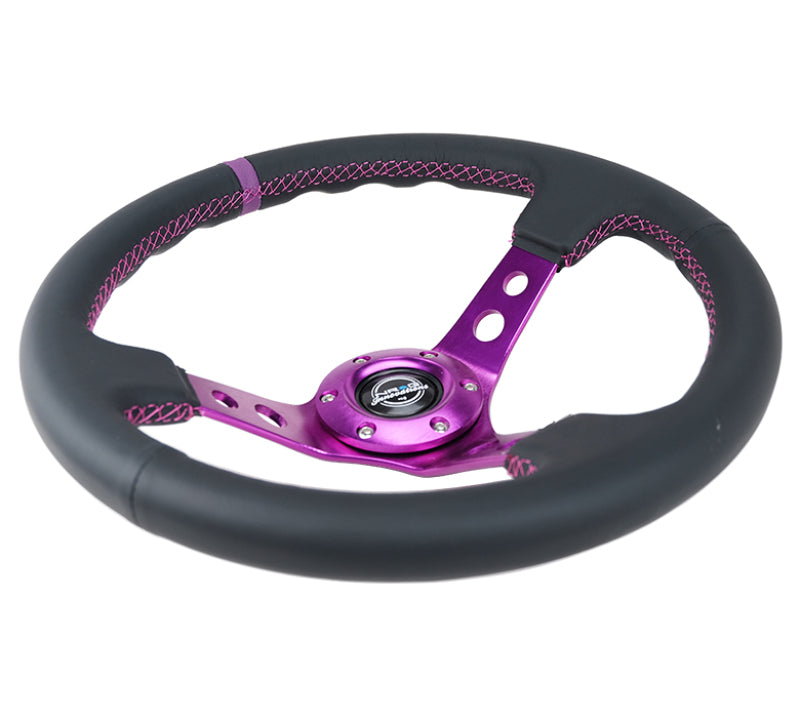 NRG Reinforced Steering Wheel (350mm / 3in. Deep) Black Leather w/Purple Center & Purple Stitching - Racecraft Industries