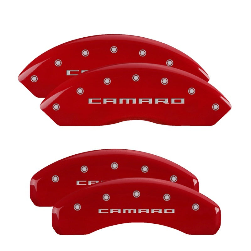 MGP 4 Caliper Covers Engraved Front & Rear Gen 5/Camaro Red finish silver ch - Racecraft Industries