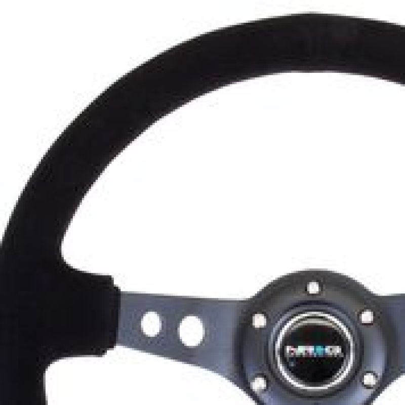 NRG Reinforced Steering Wheel (350mm / 3in. Deep) Blk Suede/Blk Stitch w/Black Circle Cutout Spokes - Racecraft Industries