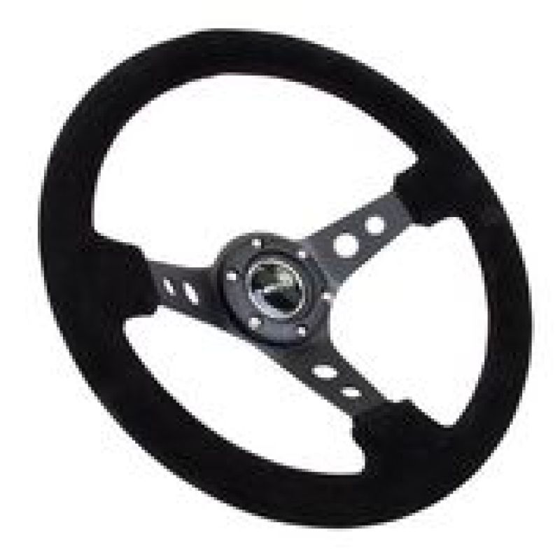 NRG Reinforced Steering Wheel (350mm / 3in. Deep) Blk Suede/Blk Stitch w/Black Circle Cutout Spokes - Racecraft Industries