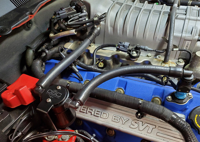 J&L 07-14 Ford Mustang GT500 Oil Separator 3.0 Passenger Side (Remote Mount) - Black Anodized - Racecraft Industries