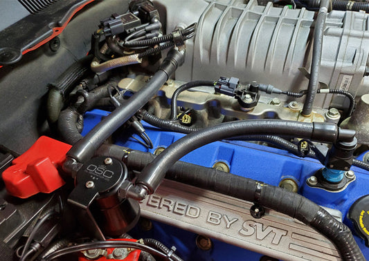 J&L 07-14 Ford Mustang GT500 Oil Separator 3.0 Passenger Side (Remote Mount) - Black Anodized - Racecraft Industries