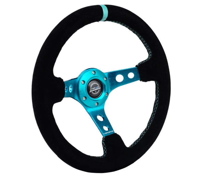 NRG Reinforced Steering Wheel (350mm/ 3in. Deep) Black Suede/ Teal Center Mark/ Teal Stitching - Racecraft Industries