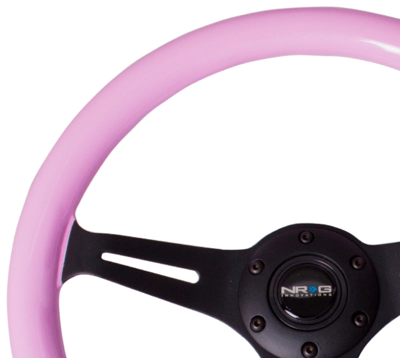 NRG Classic Wood Grain Steering Wheel (350mm) Solid Pink Painted Grip w/Black 3-Spoke Center - Racecraft Industries