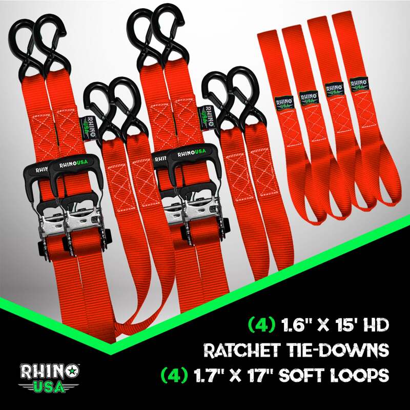 Rhino USA Heavy Duty Ratchet Tie-Down 4-Pack Red 1.6In X 15Ft - Racecraft Industries