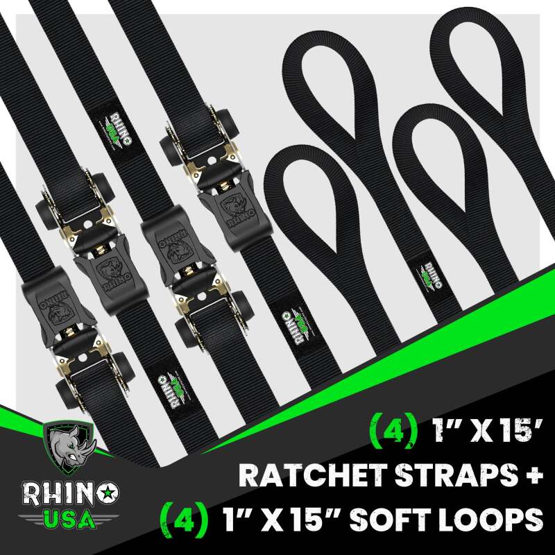 Rhino USA Medium Duty Ratchet Strap Tie-Down 4-Pack (Black) - Racecraft Industries