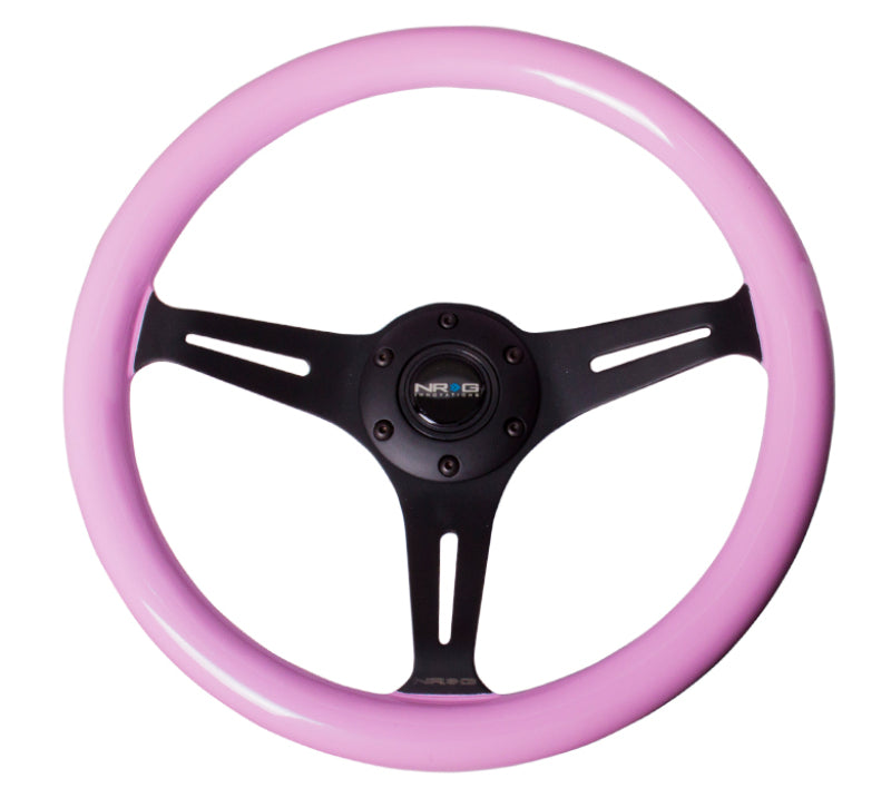 NRG Classic Wood Grain Steering Wheel (350mm) Solid Pink Painted Grip w/Black 3-Spoke Center - Racecraft Industries