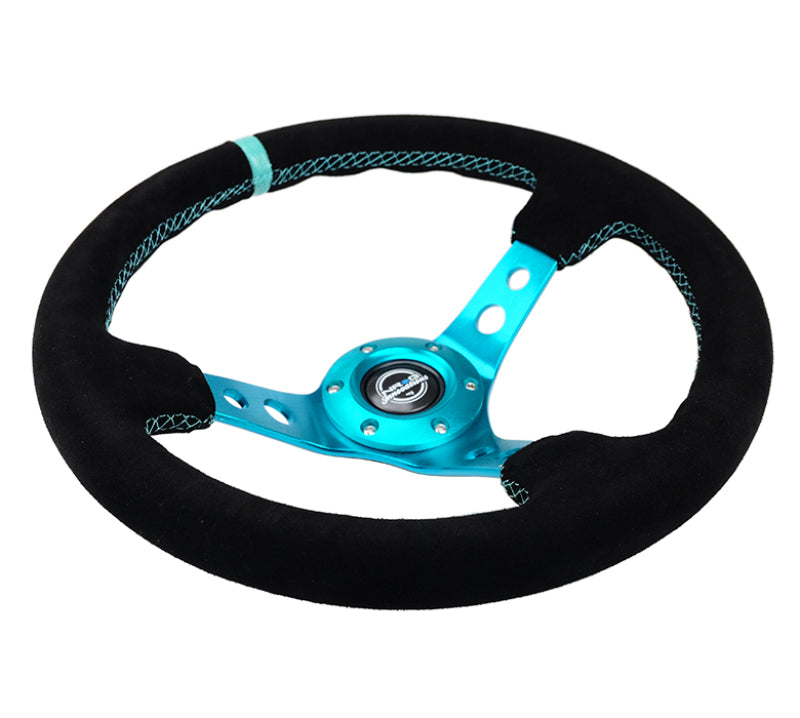 NRG Reinforced Steering Wheel (350mm/ 3in. Deep) Black Suede/ Teal Center Mark/ Teal Stitching - Racecraft Industries