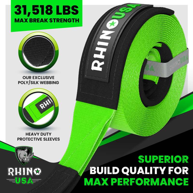 Rhino USA Recovery Tow Strap 3Inx30Ft (Green) - Racecraft Industries