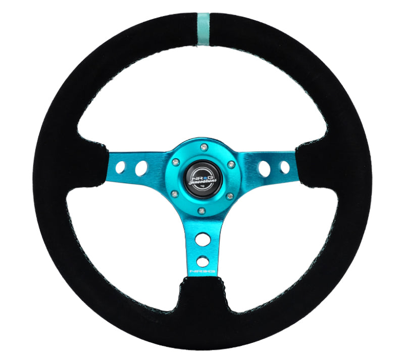 NRG Reinforced Steering Wheel (350mm/ 3in. Deep) Black Suede/ Teal Center Mark/ Teal Stitching - Racecraft Industries