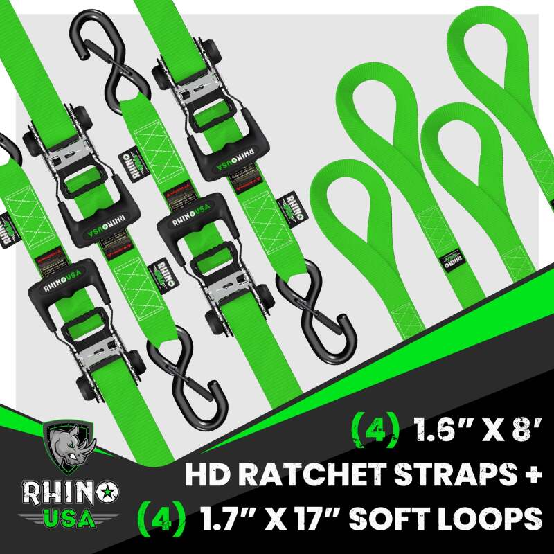 Rhino USA Heavy Duty Ratchet Tie-Down 4-Pack (Green) 1.6In X 8Ft - Racecraft Industries