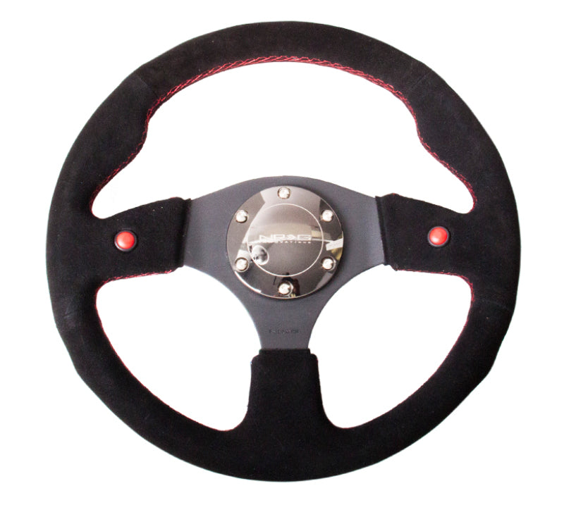 NRG Reinforced Steering Wheel (320mm) Blk Suede w/Dual Buttons - Racecraft Industries
