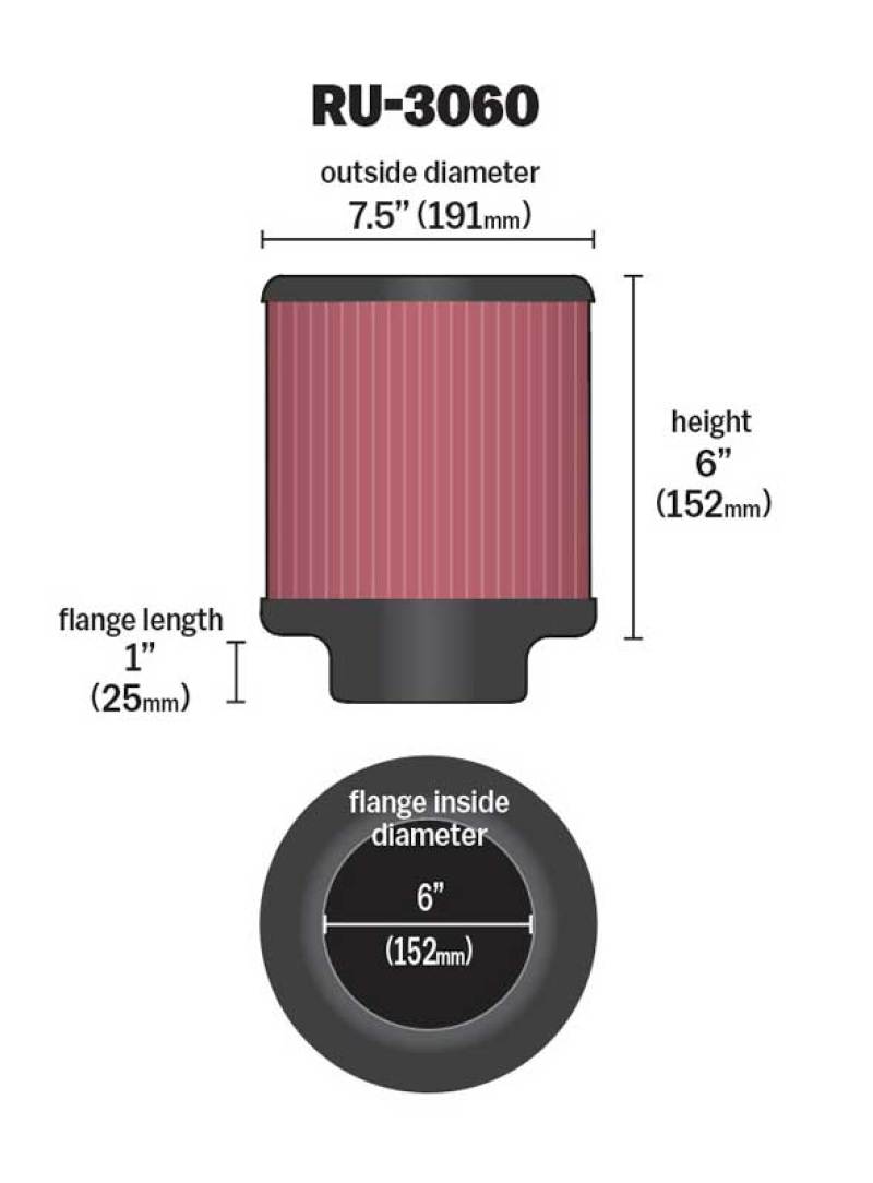 K&N Universal Rubber Filter 6in FLange ID / 7.5in OD / 6in Height / Round Straight - Racecraft Industries