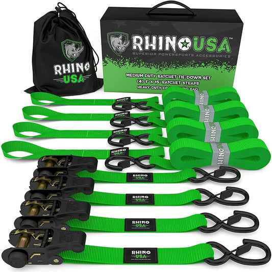 Rhino USA Medium Duty Ratchet Strap Tie-Down 4-Pack (Green) - Racecraft Industries