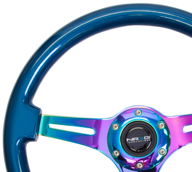 NRG Classic Wood Grain Steering Wheel (350mm) Blue Pearl/Flake Paint w/Neochrome 3-Spoke Center - Racecraft Industries